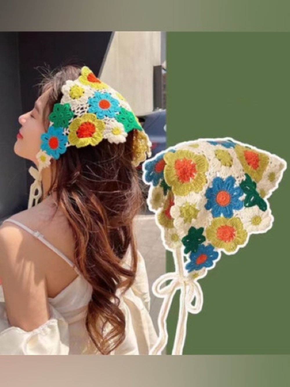 Women's Knitted Floral Triangle Headscarf Pastoral Style Crochet Headscarf